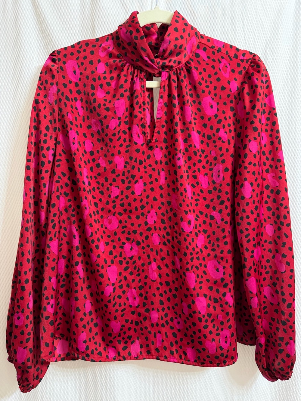 Nine West Red and Pink Printed Tie-Neck Blouse